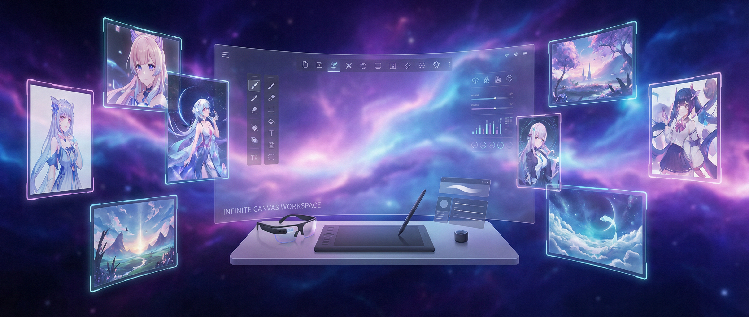 Infinite canvas AI art workspace with multiple generated artworks