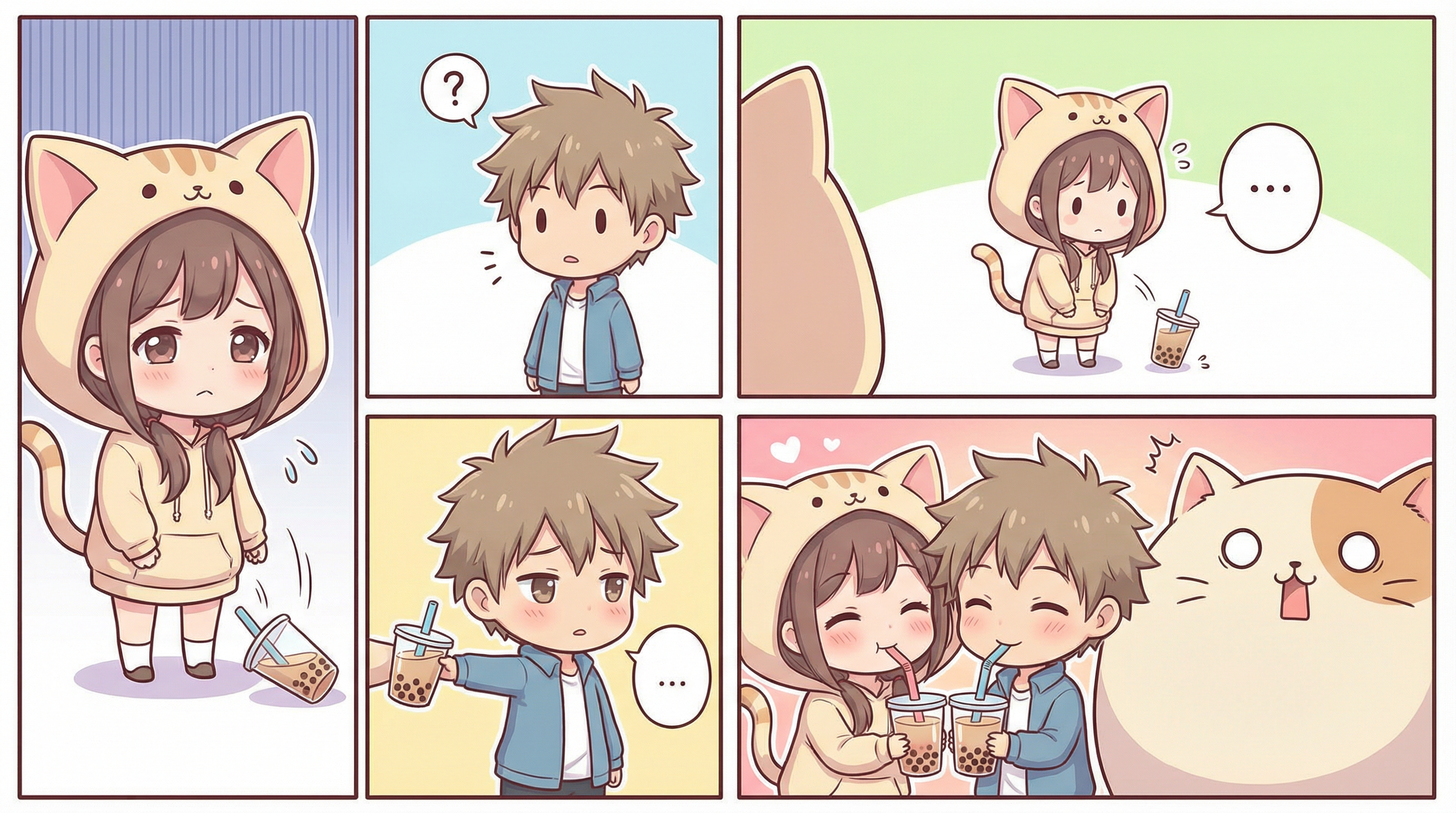 AI generated 4-panel webcomic strip with chibi anime characters