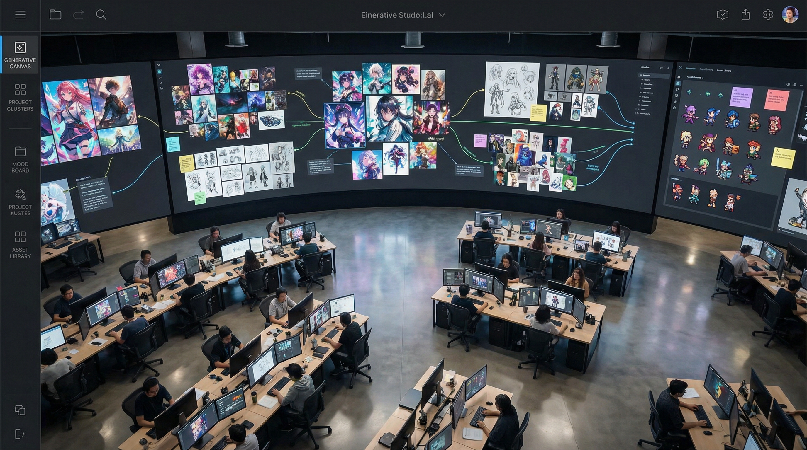 Bird's eye view of organized infinite canvas AI art workspace