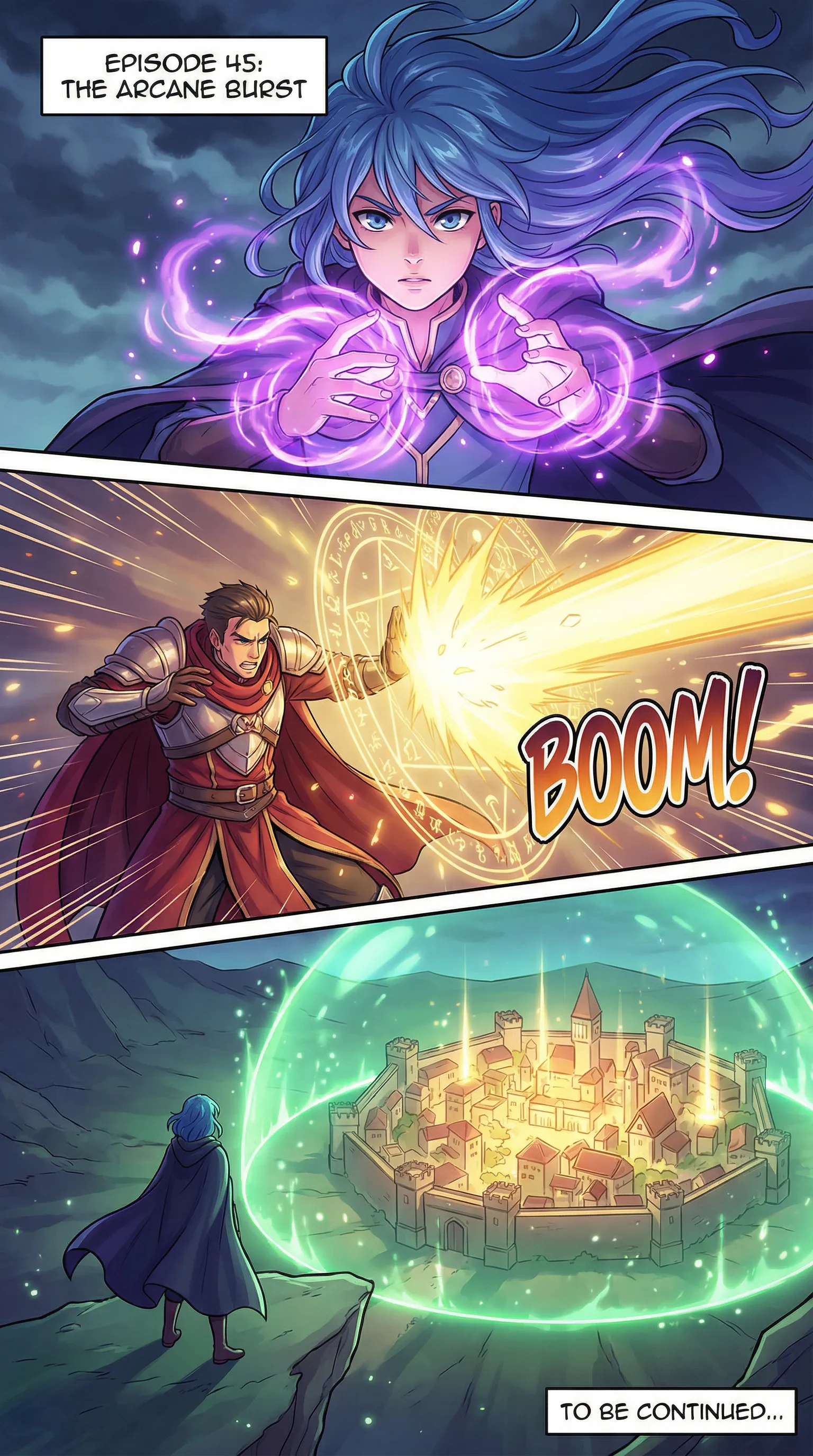 Professional webtoon panels showing vertical scroll format with dramatic fantasy scenes