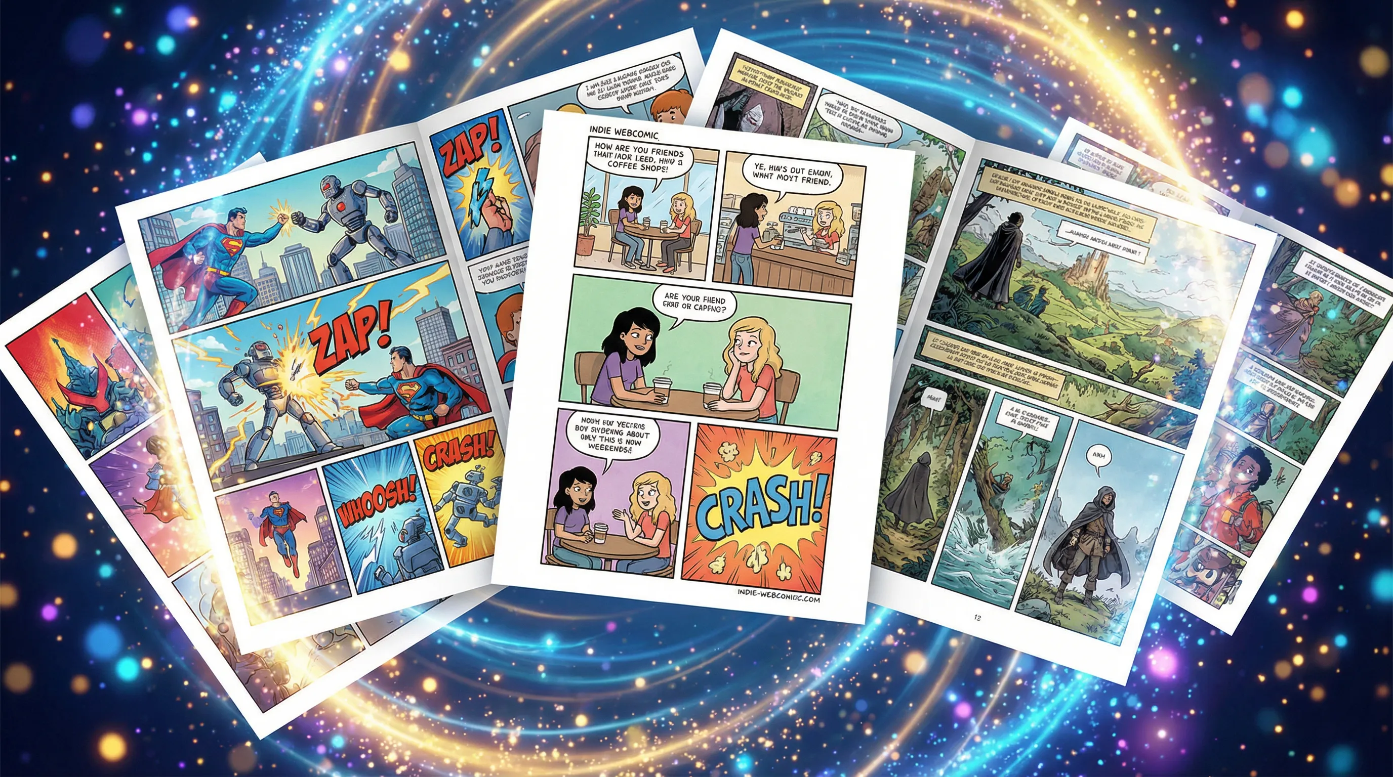 Multiple comic book pages showcasing different styles from superhero to indie webcomics
