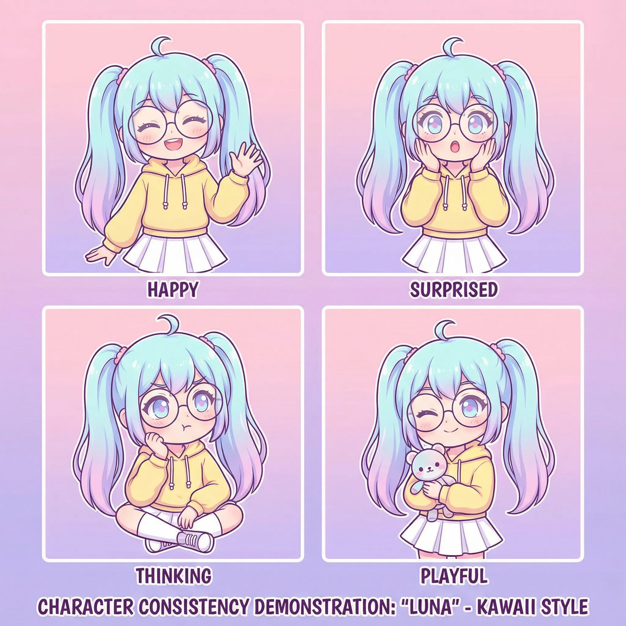 Character consistency demonstration showing same anime character in multiple poses