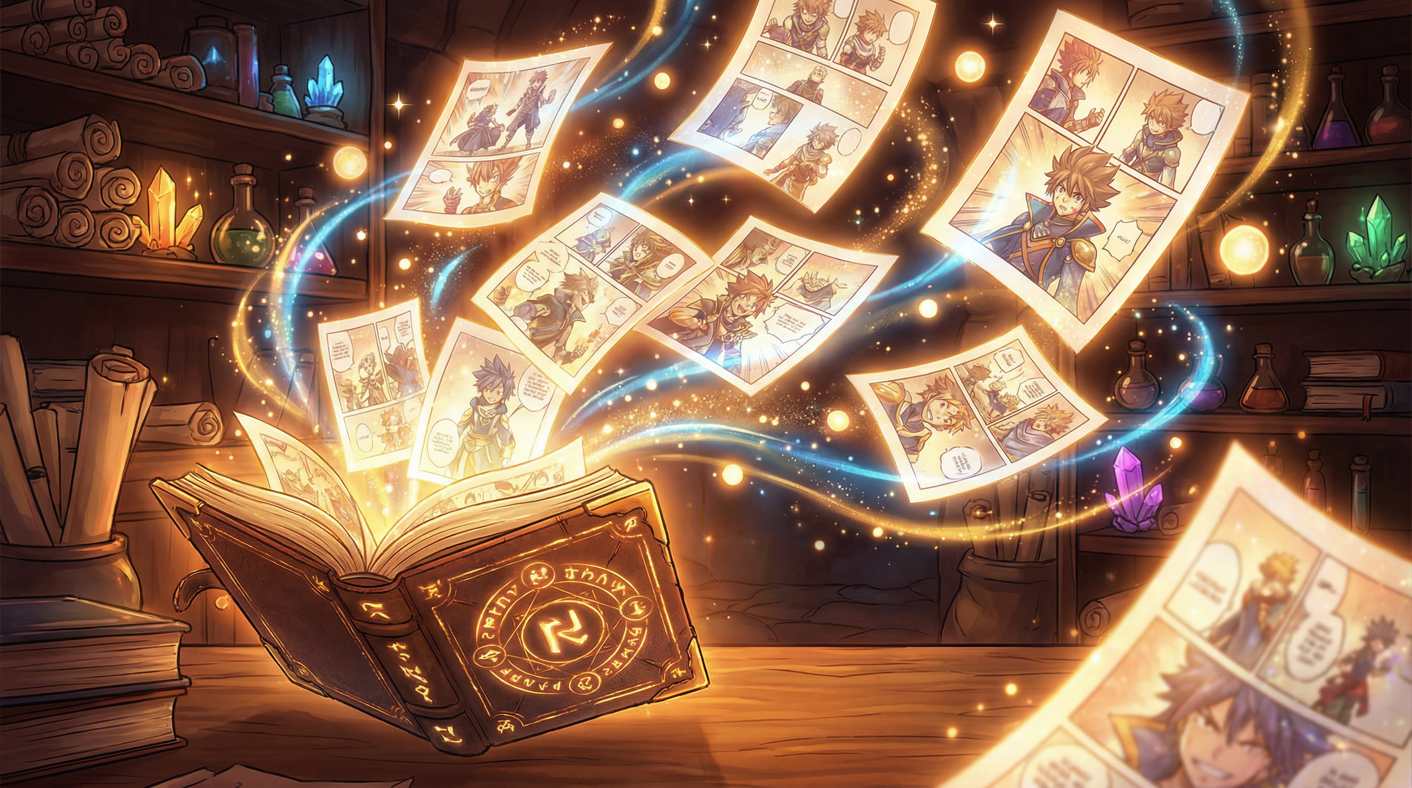 Magical book opening with manga pages flying out, representing story transformation
