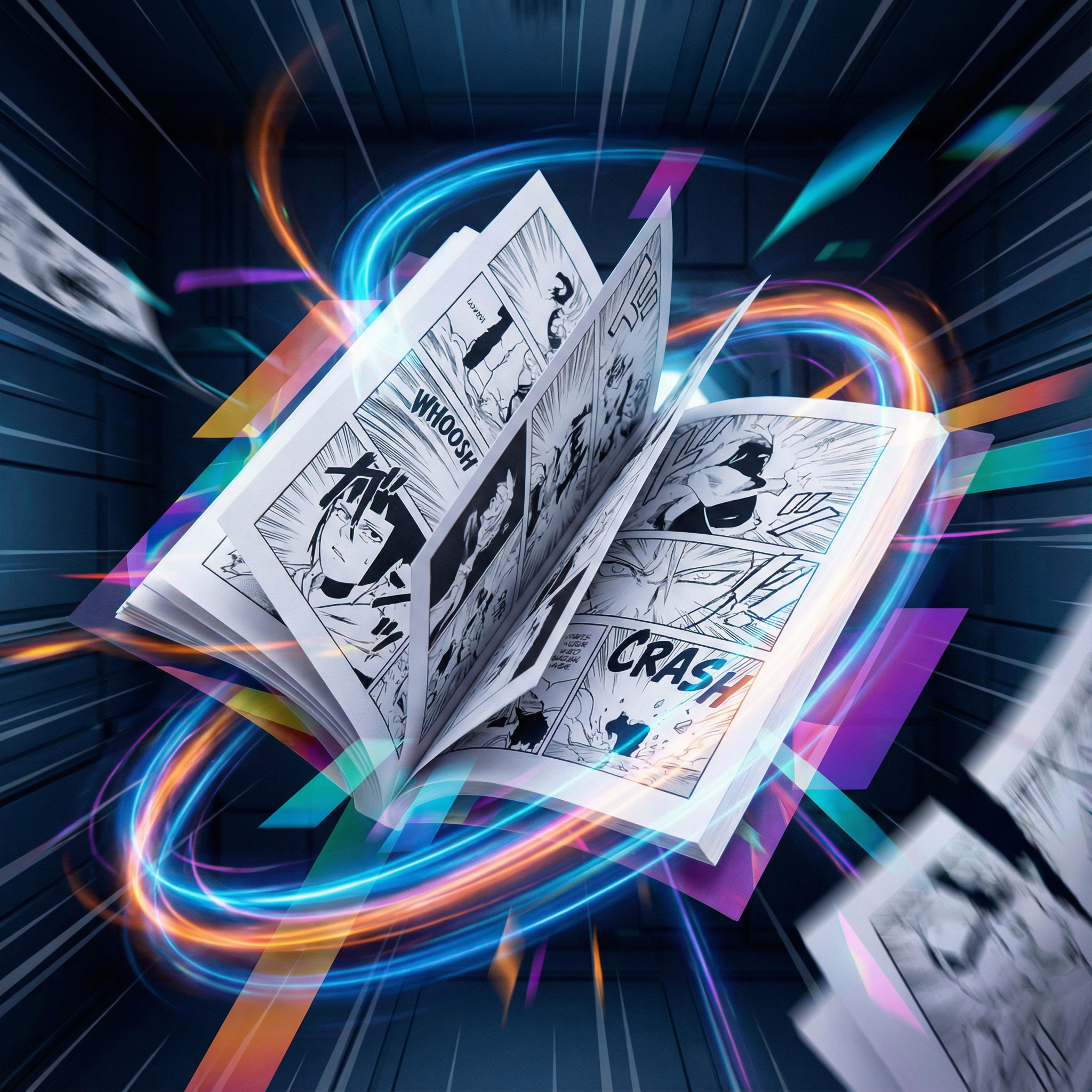 Manga panels with dynamic motion effects and energy trails showing animation potential