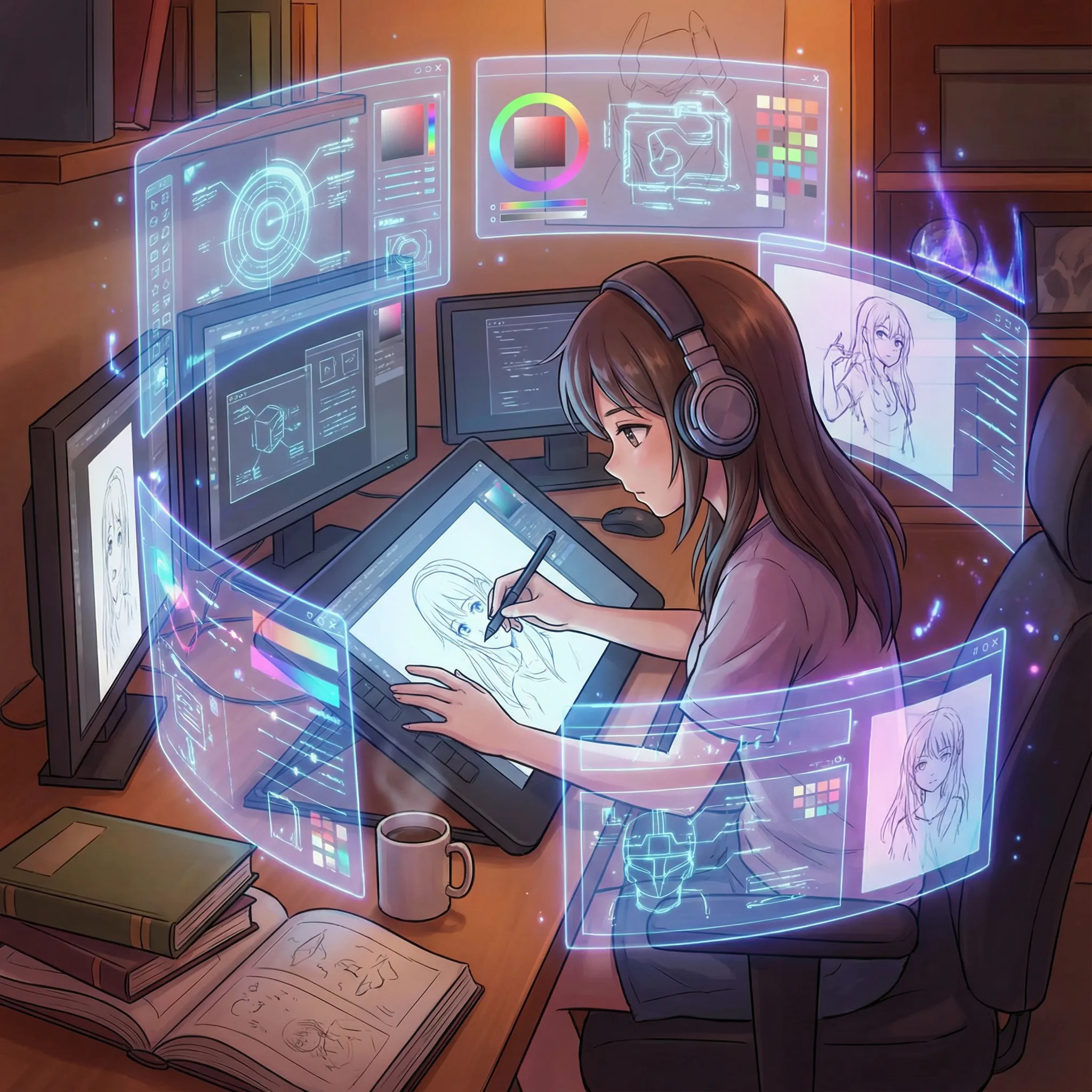 Digital artist workspace showing character design process with holographic UI elements