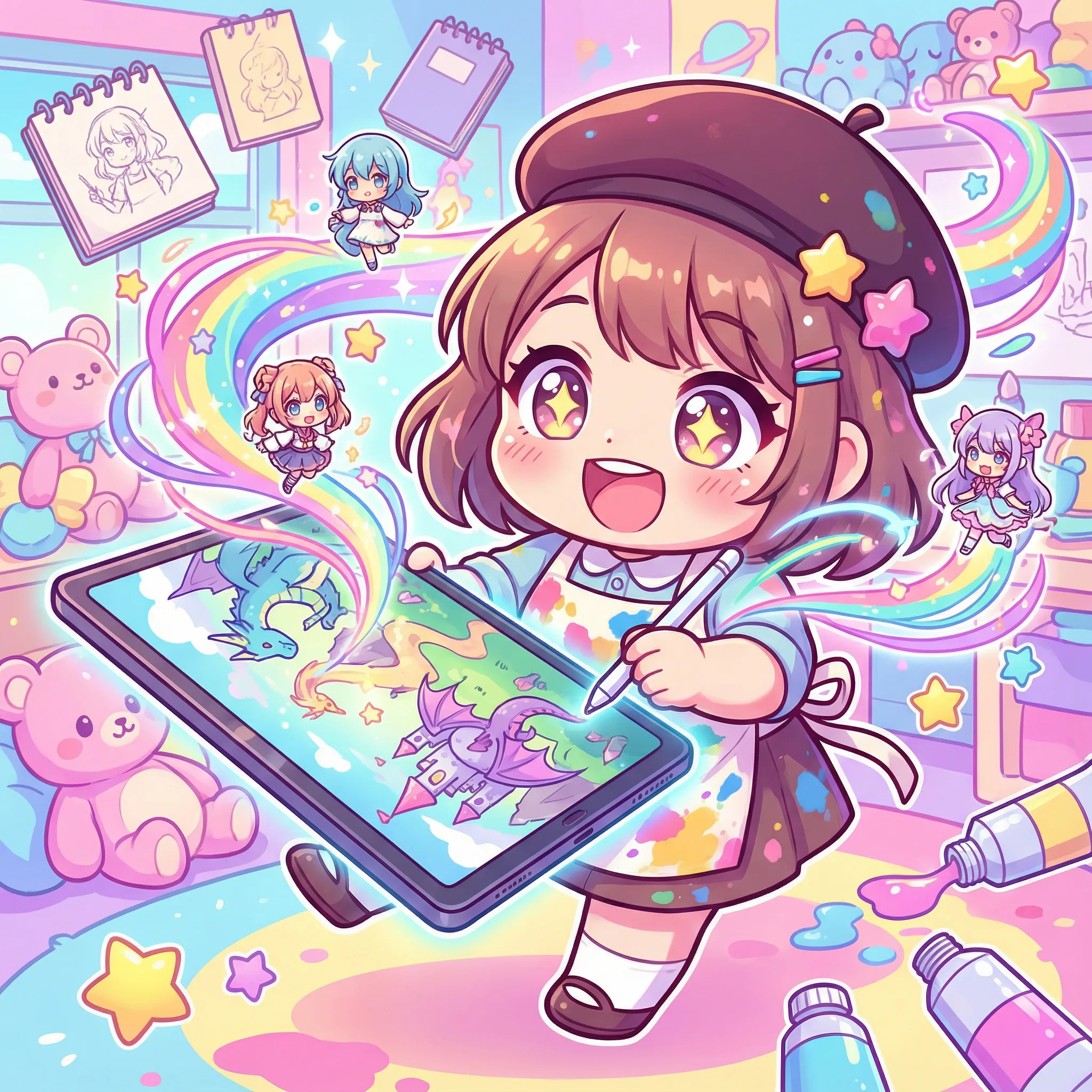Chibi anime artist creating beautiful anime art with magic effects