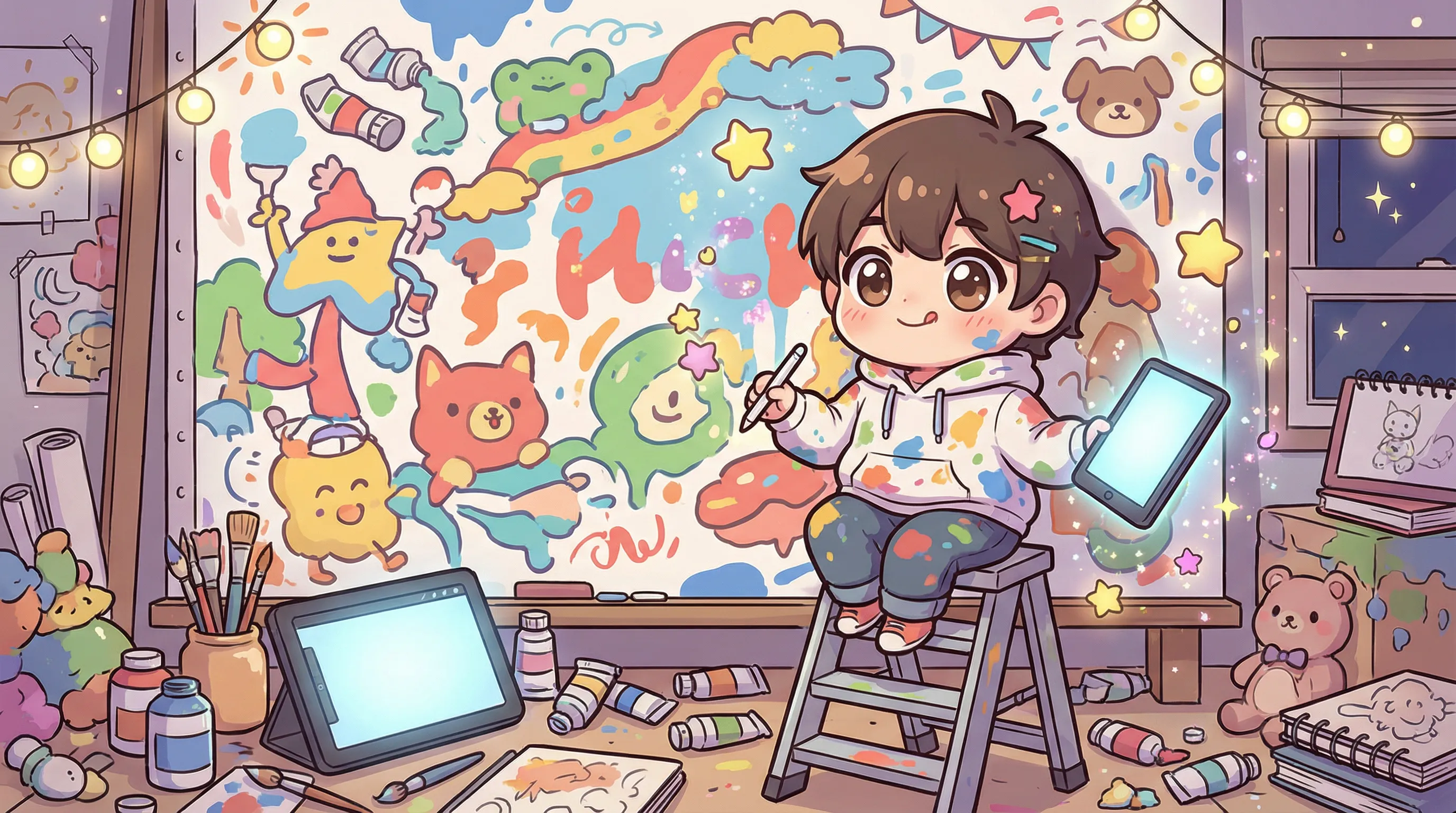 Cute chibi anime artist creating webtoon art with digital tools and vertical canvas