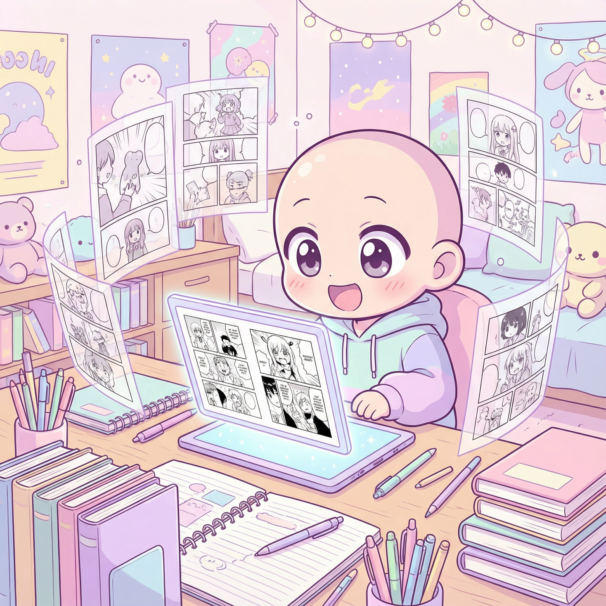 Chibi writer character watching their story transform into manga on screen
