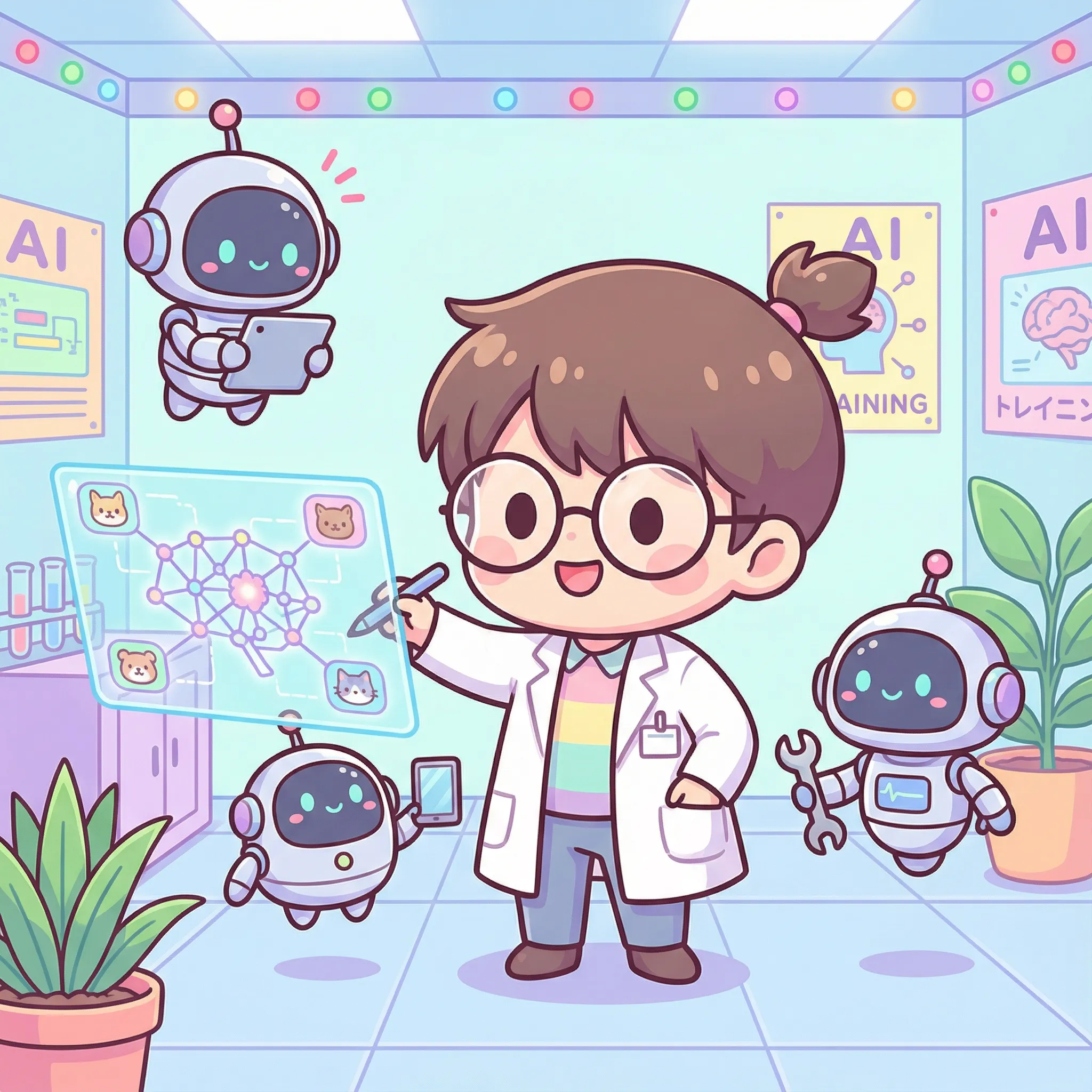 Chibi scientist training AI model with neural network visualization