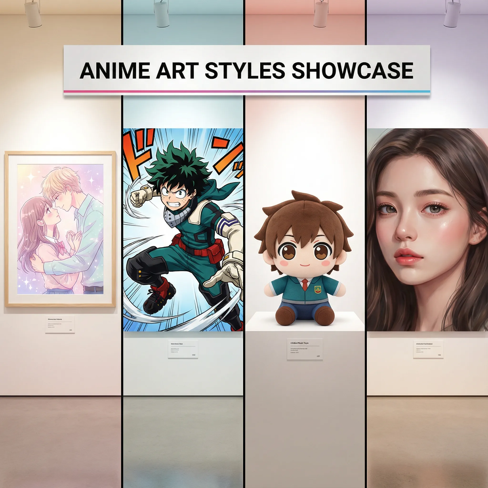 Showcase of different anime art styles including shoujo, shounen, and chibi