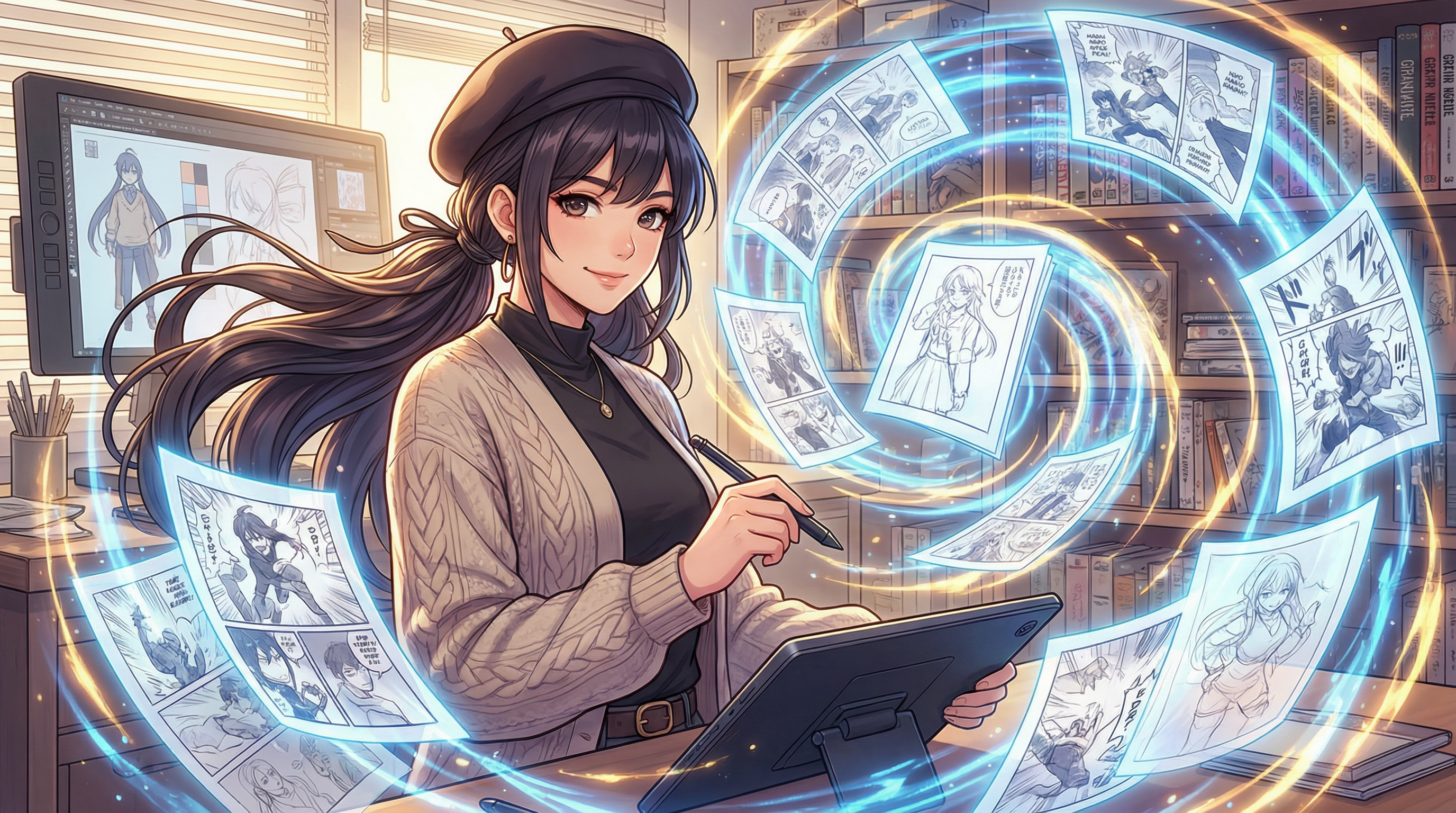 Professional anime artist surrounded by AI-generated manga creations