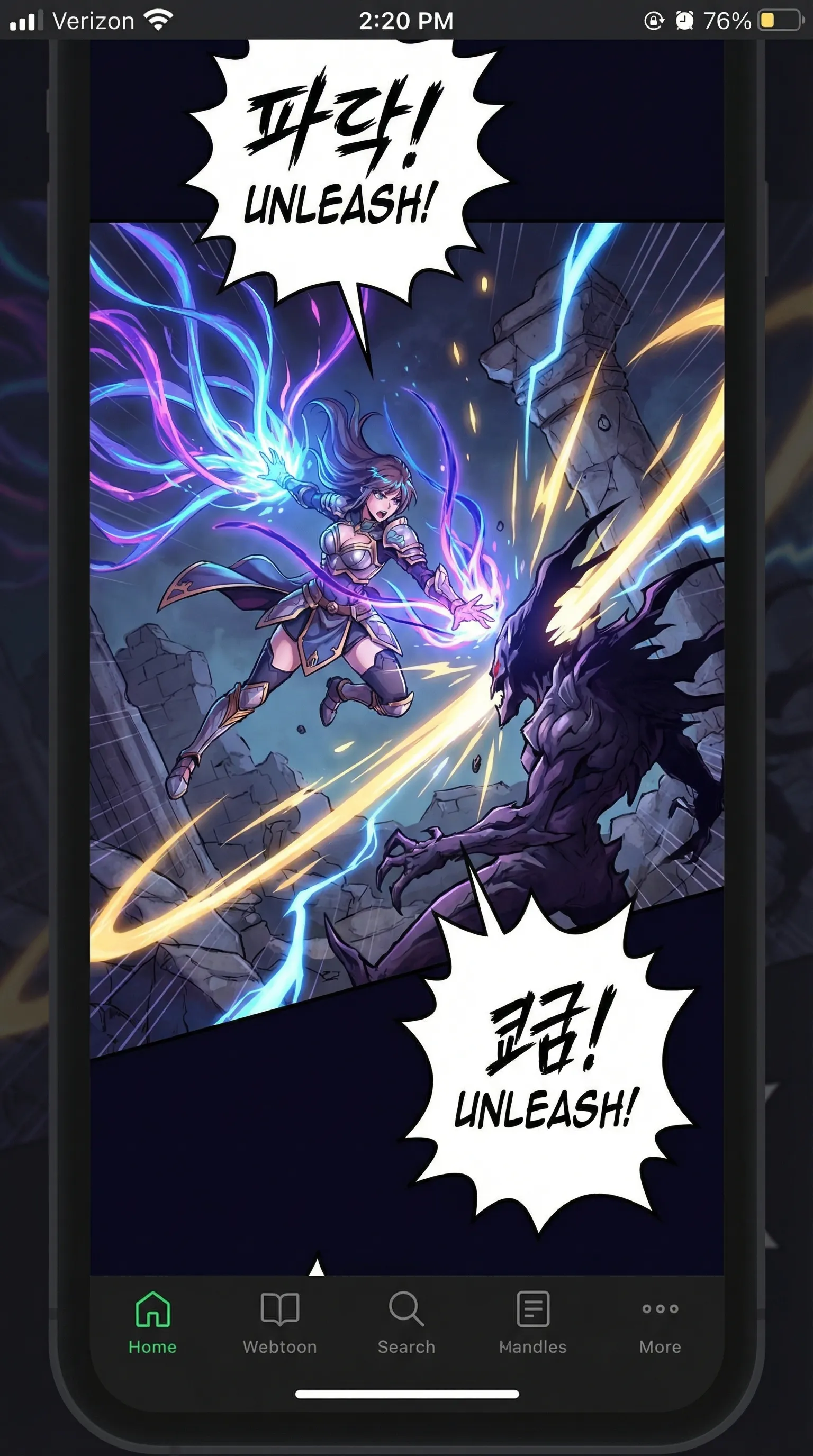 Dynamic webtoon action scene with consistent character design and energy effects