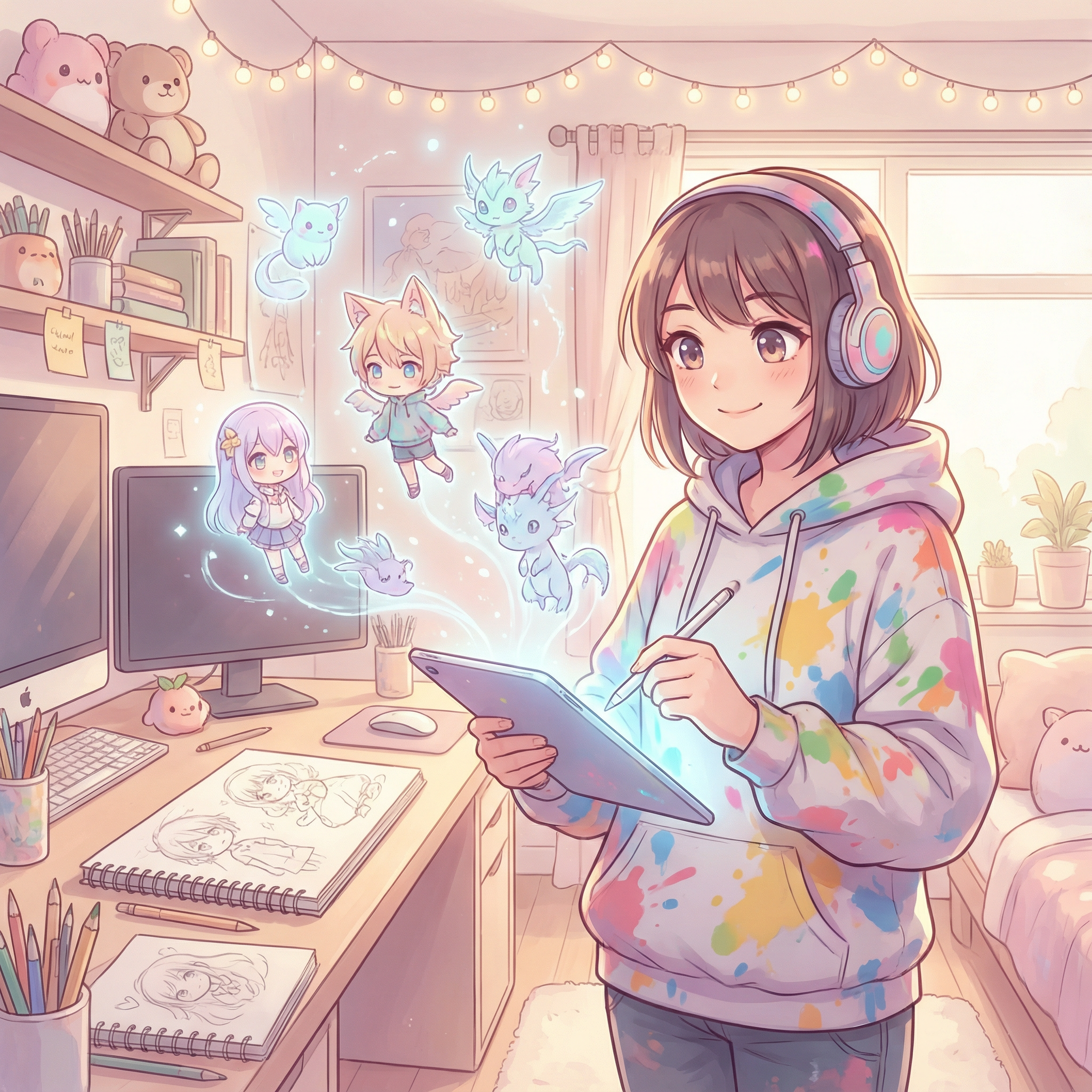Anime artist working on digital tablet with glowing magical effects bringing art to life