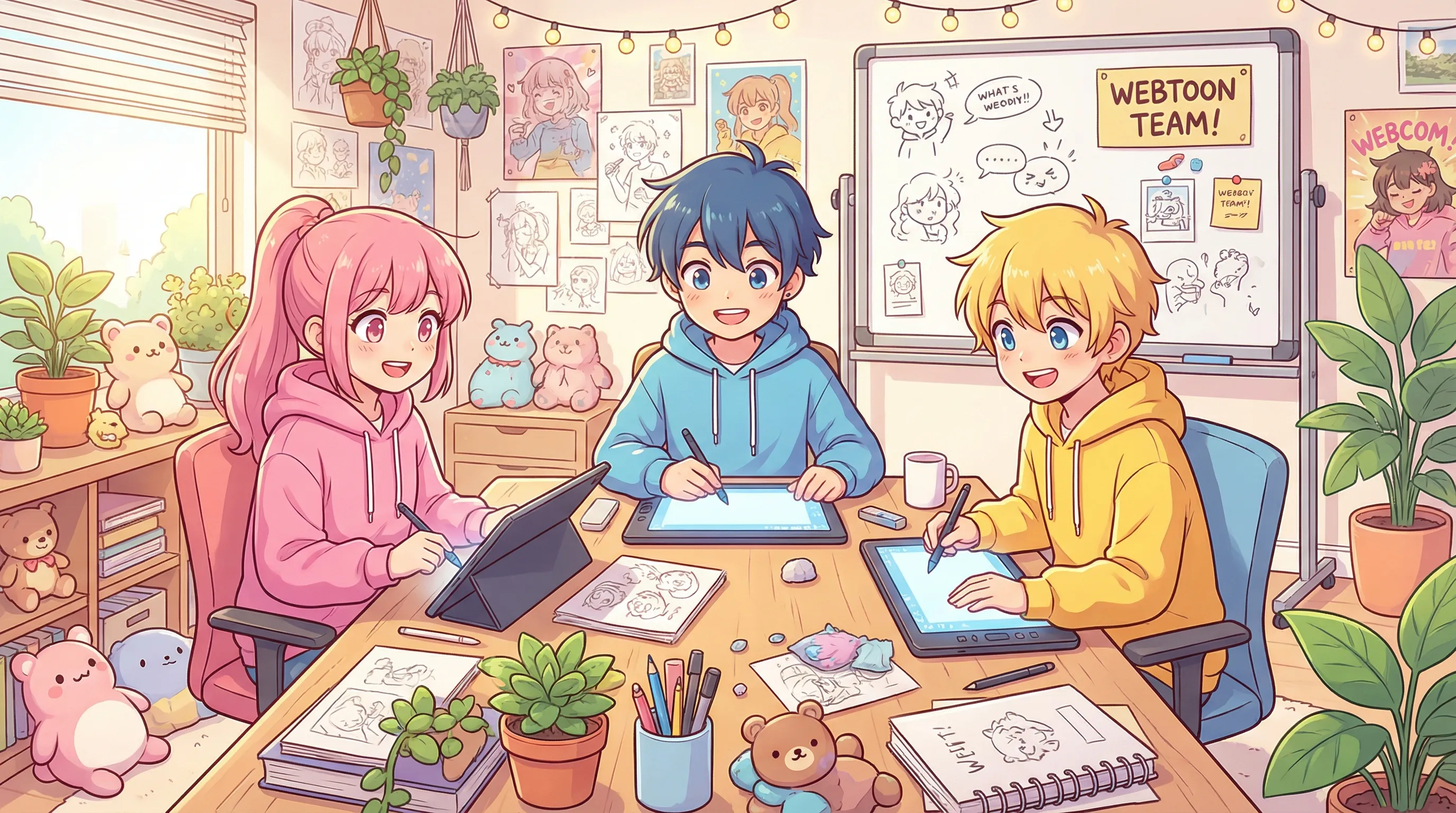 Webtoon creators collaborating in creative studio with digital tools