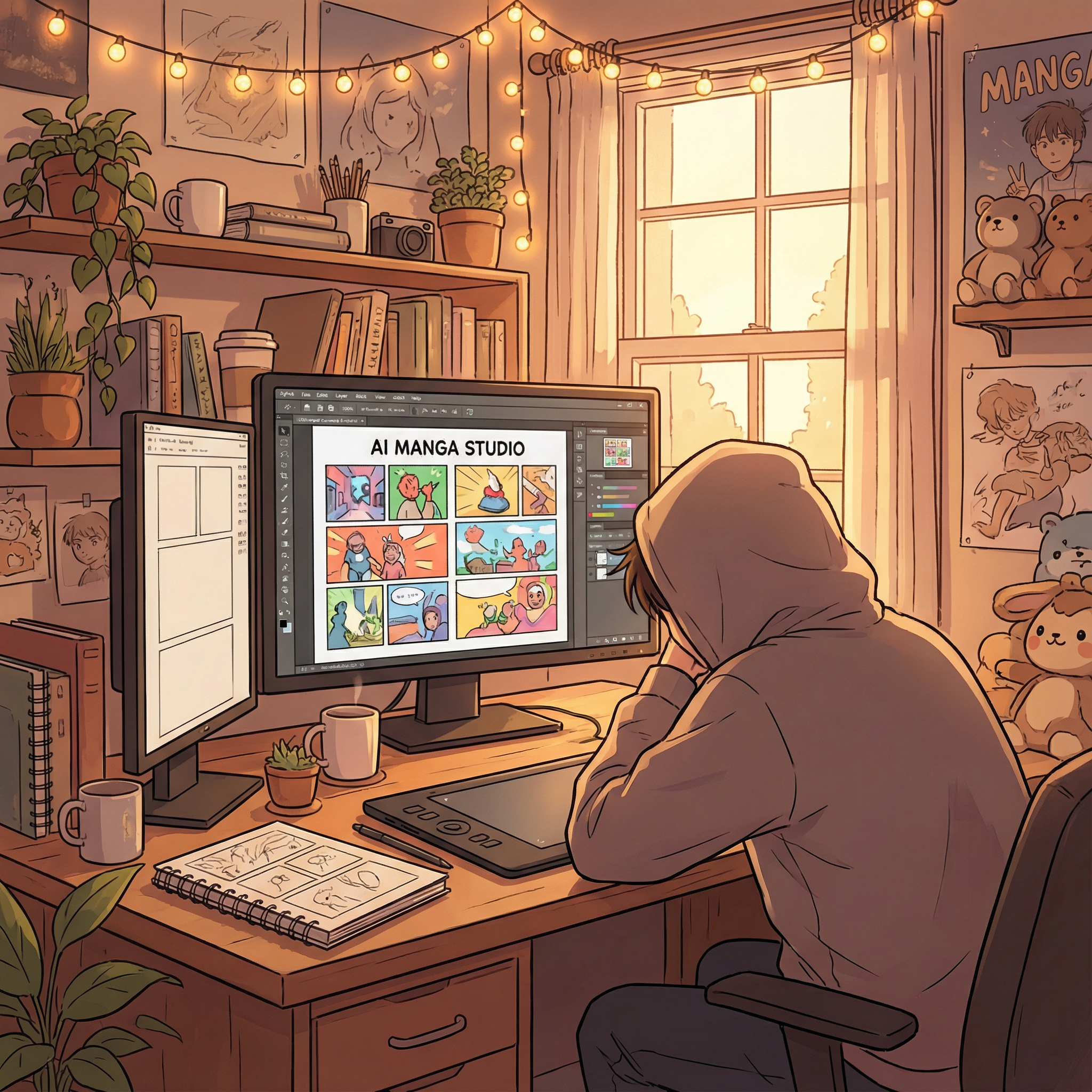 AI manga generation interface on computer screen