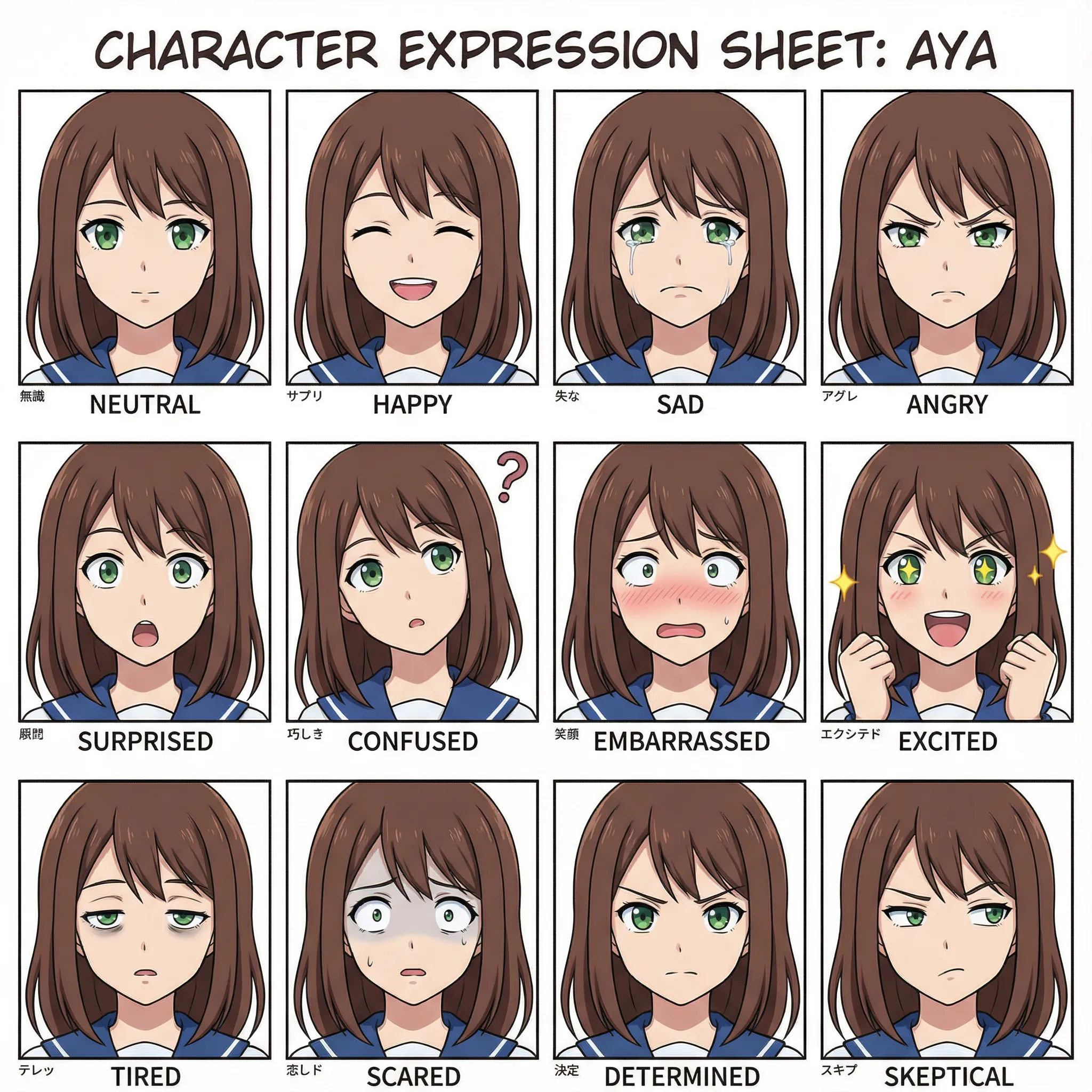 Detailed anime character emotion chart showing various facial expressions with consistent features