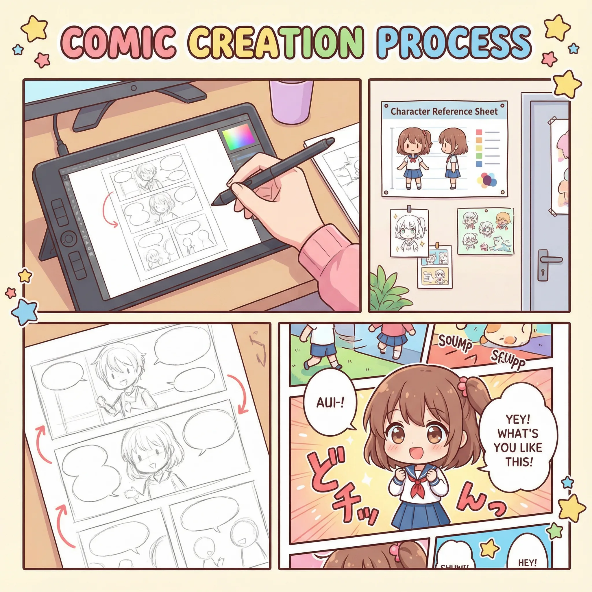 Illustration showing comic creation process from storyboard to finished panels