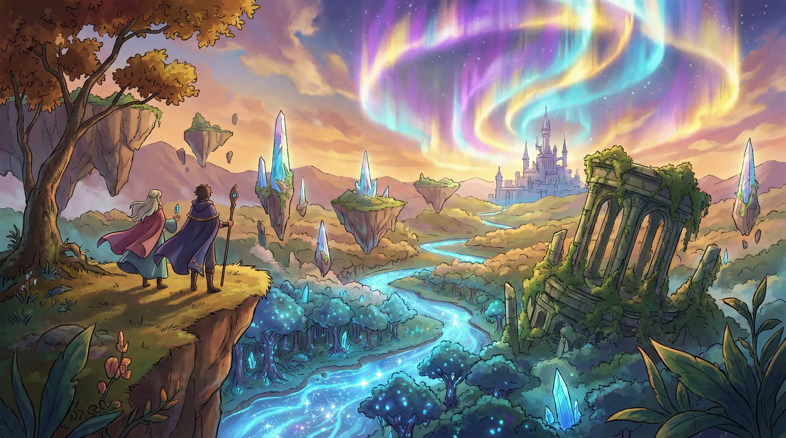 Fantasy anime scene with magical landscapes and epic composition