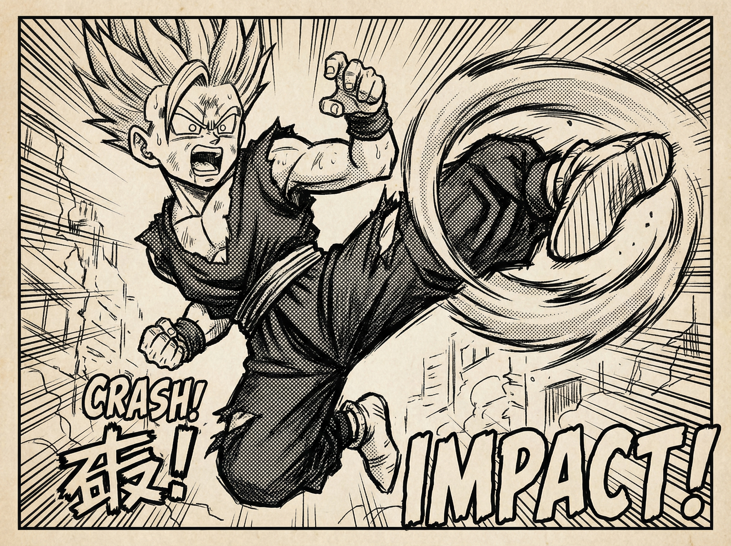 クラシック漫画スタイルの例 - 太い線画とダイナミックなアクションポーズ